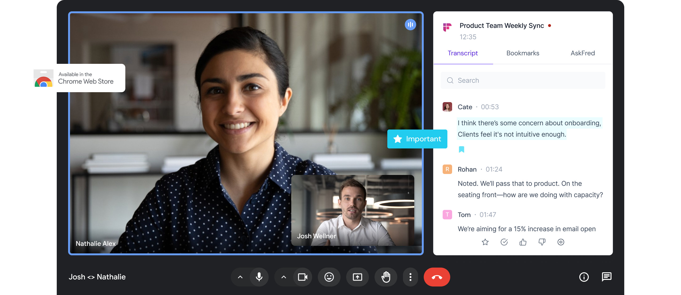 Fireflies Chrome extension interface for recording and transcribing Google Meet meetings.