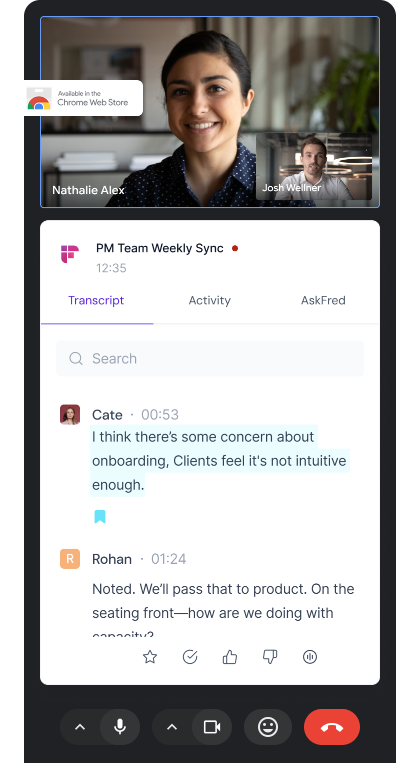 Fireflies Chrome extension interface for recording and transcribing Google Meet meetings.