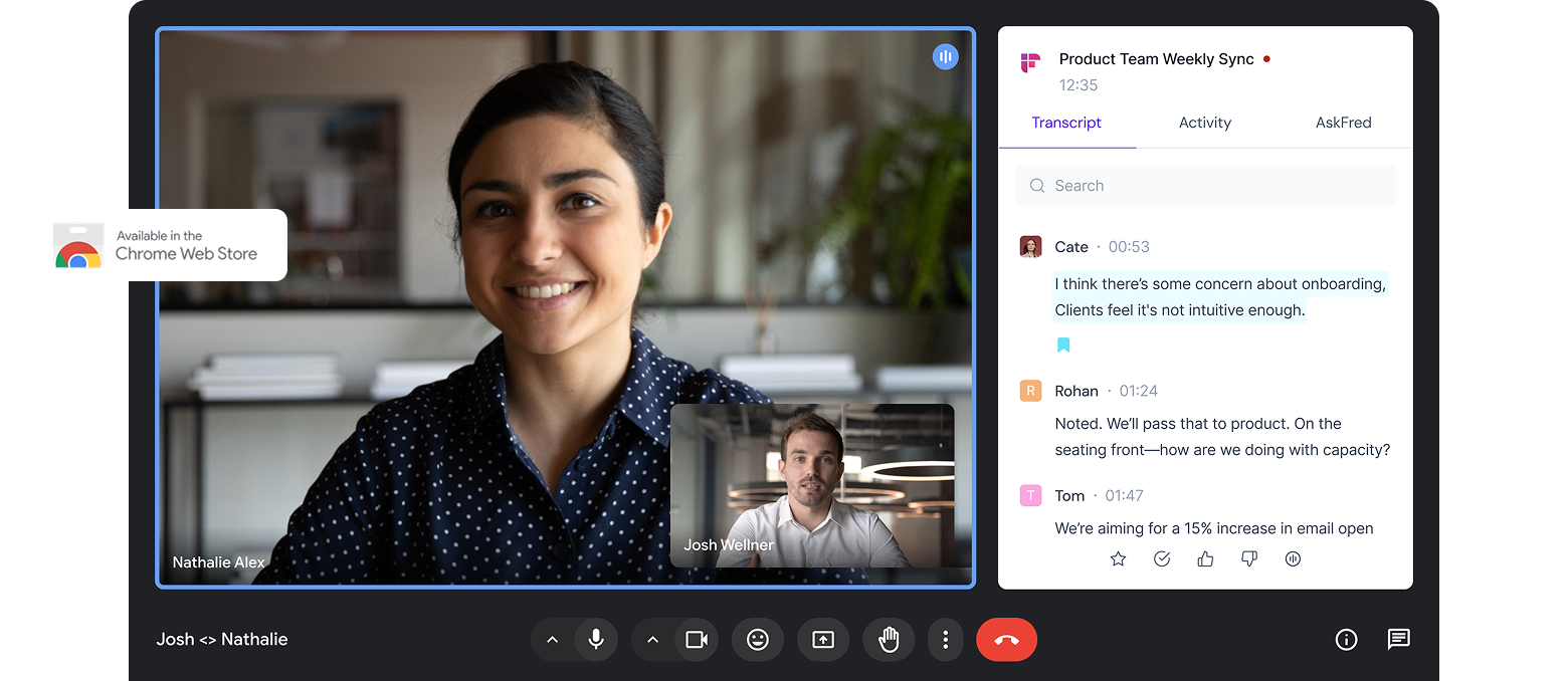 Fireflies Chrome extension interface for recording and transcribing Google Meet meetings.